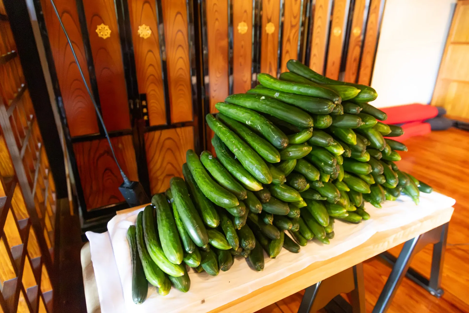 Cucumbers prepared in Byodoji’s main hall for the Kyuri Kaji