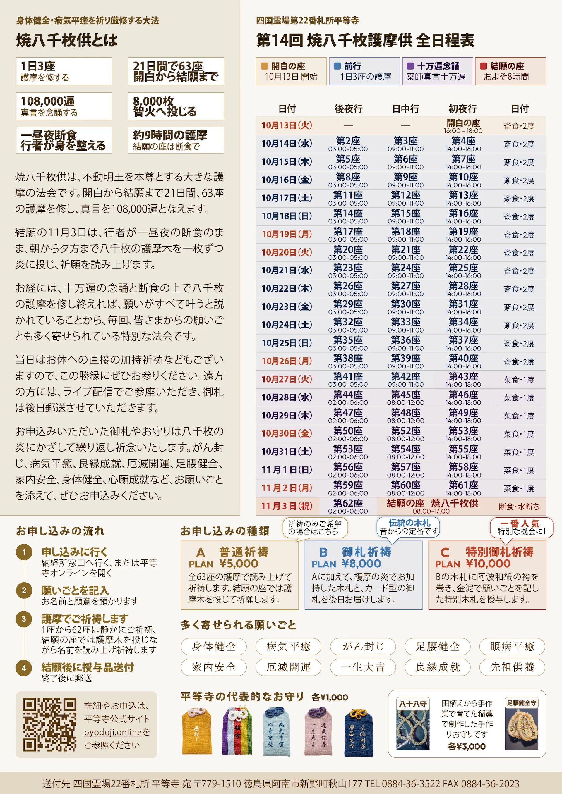 第十四回 焼八千枚供のご案内・裏面（日程とお申し込みのご案内）